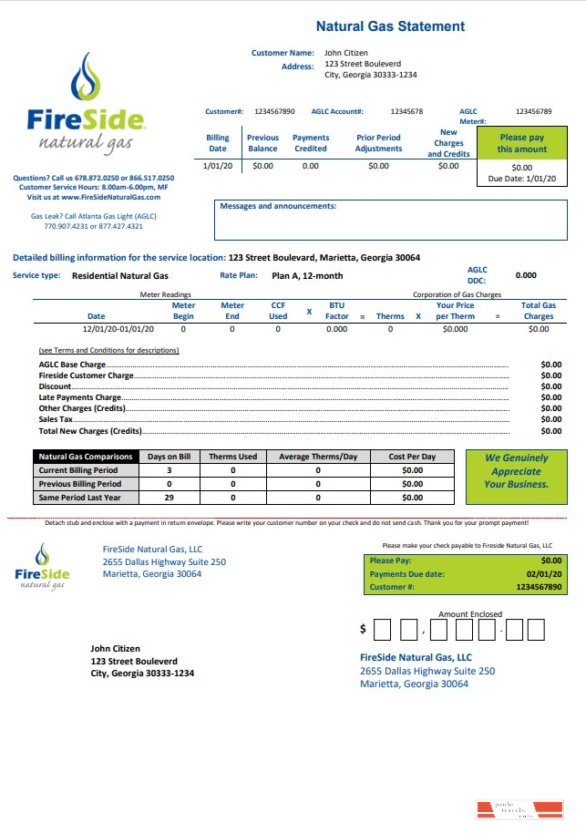 USA California FireSide natural gas utility bill template in Word and PDF format